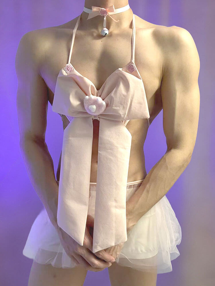 Men's Sexy Pink Bow Bra Tutu Skirt Set