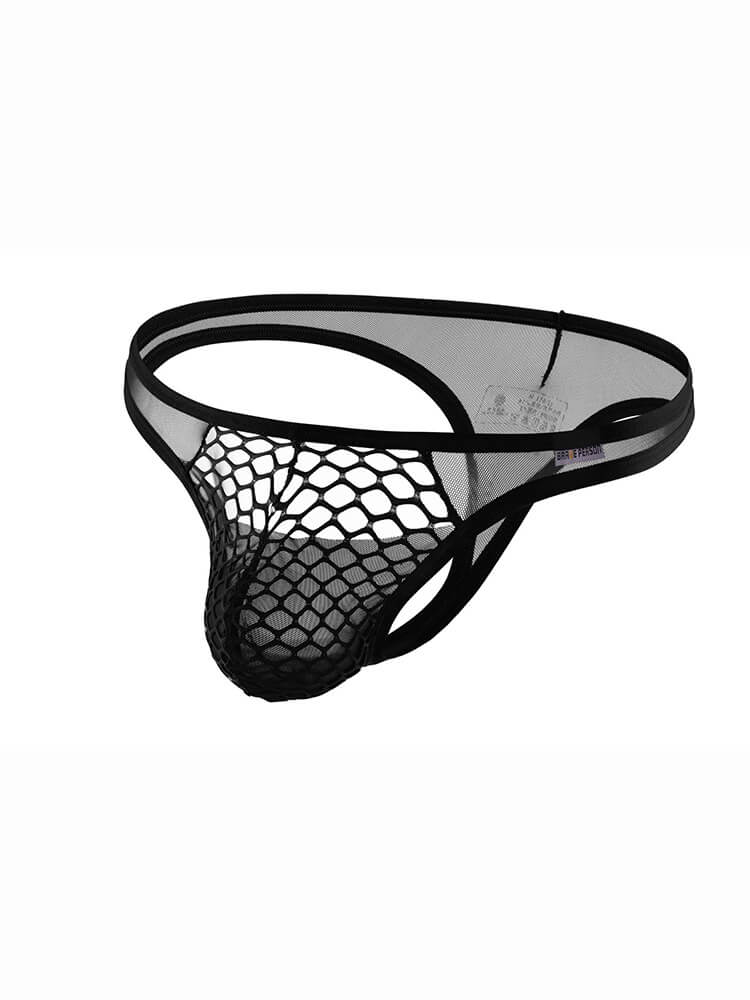 Men's Sexy Low-Rise Solid Color Hollow Fishnet Thong