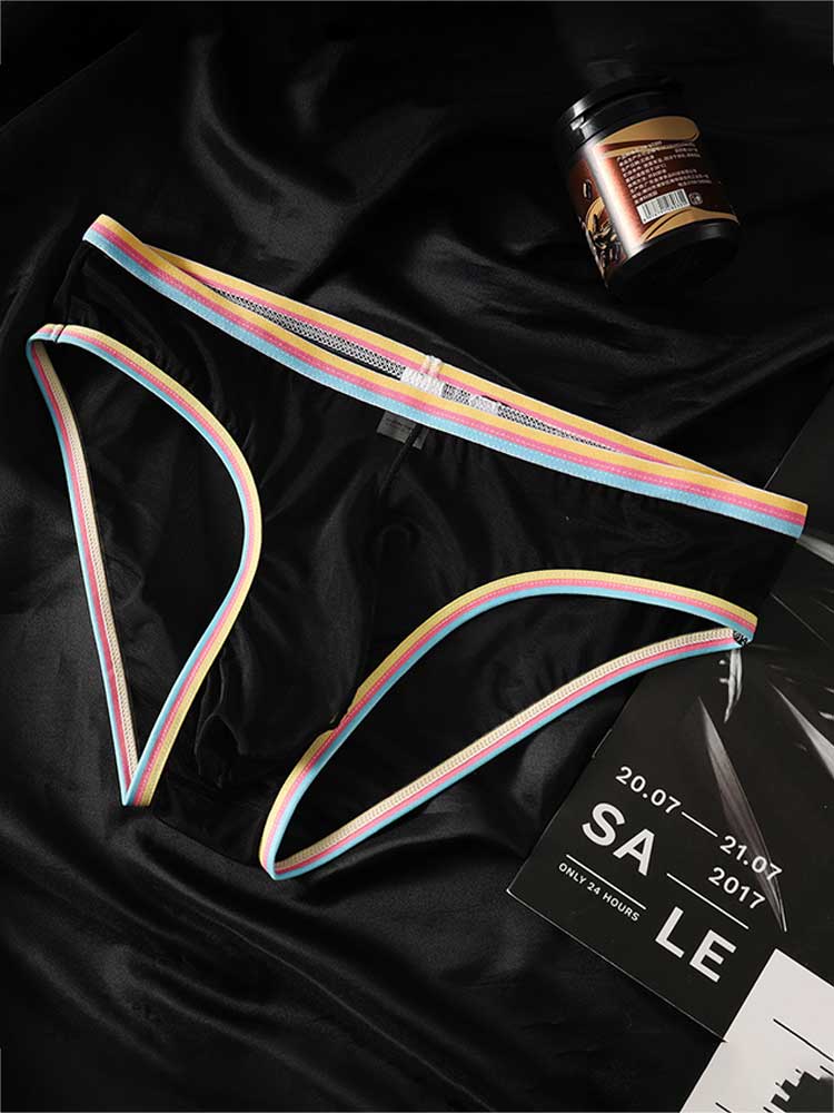 Men's Colorful Striped Belt Sexy Sheer Mesh Briefs