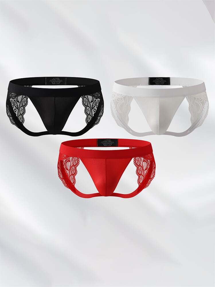 Men's Sexy Low-Rise Hollowed-Out Lace Silky Double Thong