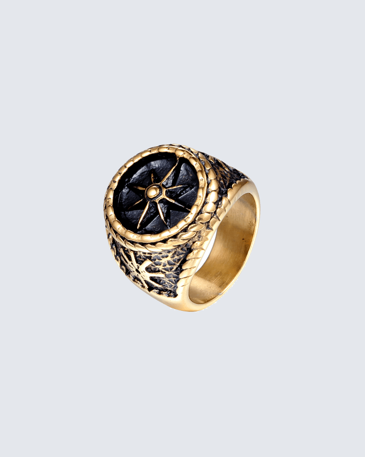 Men’s Compass Star Signet Ring – Retro Gothic Ring in Silver, Gold, or Dual-Tone