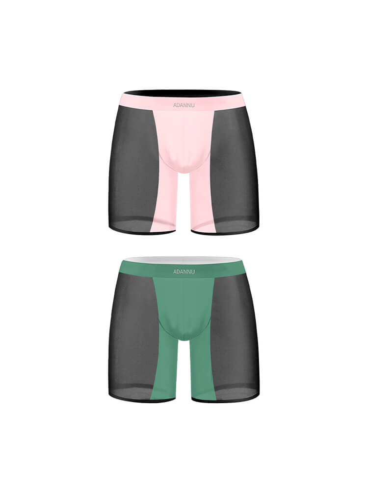 Men's Sexy Color-Blocked See-Through Nylon Boxer Briefs