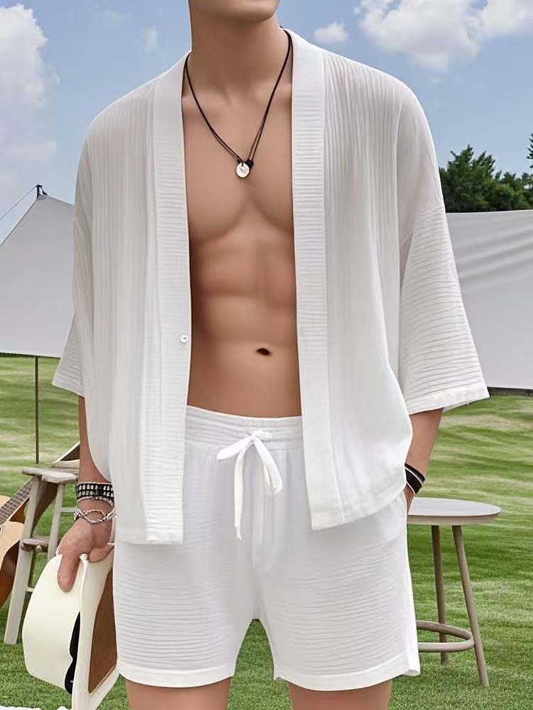 Men's Solid Color Loose Casual Shirt Shorts Set