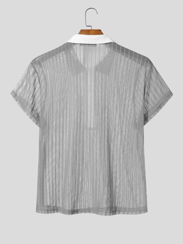 Men's Avant-Garde Two-Tone Contrast Collar Sheer Vertical Stripe Short Sleeve Polo Shirt SKUL74576