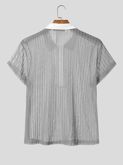 Men's Avant-Garde Two-Tone Contrast Collar Sheer Vertical Stripe Short Sleeve Polo Shirt SKUL74576