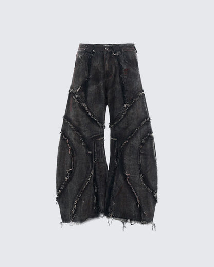 KIIKIO Distressed Black Denim Wide-Leg Pants with Frayed Details