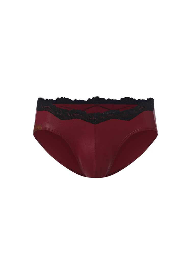 Men's Sexy Lace Trim Faux Leather-Coated Briefs