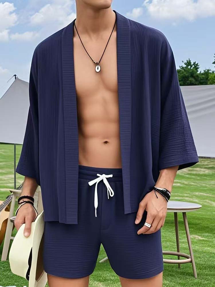 Men's Solid Color Loose Casual Shirt Shorts Set