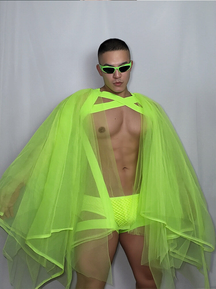 Men's Fluorescent Cape Chest Harness Performance Costume Set