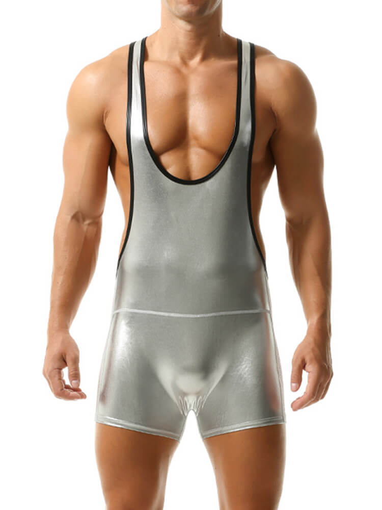 Men's Solid Color Glossy Mesh Wrestling Jumpsuit