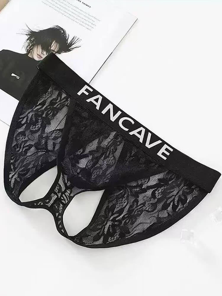 Men's Sexy Sheer Lace Open-Crotch Briefs