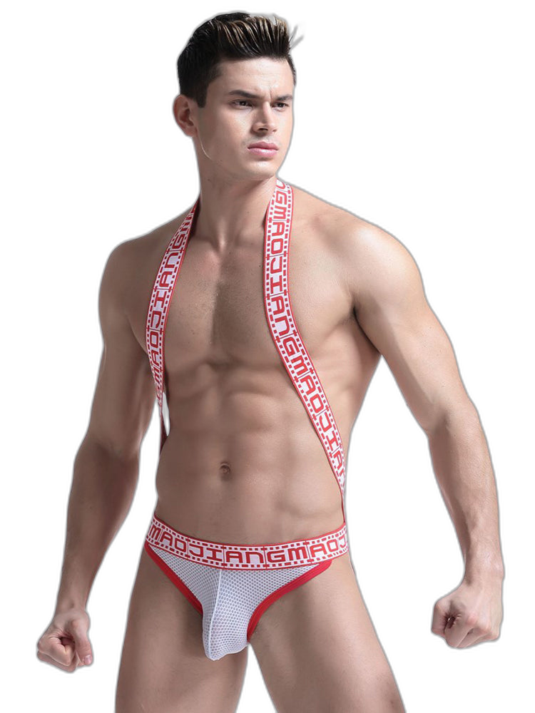 Men's Sexy Mesh U-convex Large Pouch Breathable Vest One-piece Suspender T-back