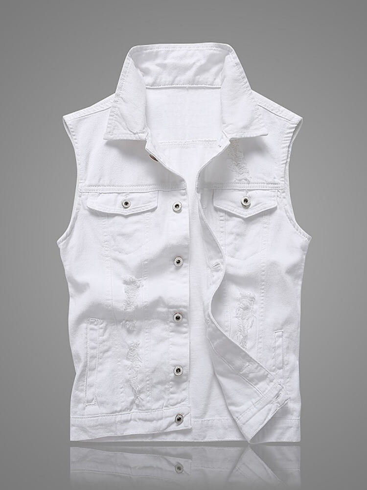 Men's Solid Color Slim Fit White Denim Vest