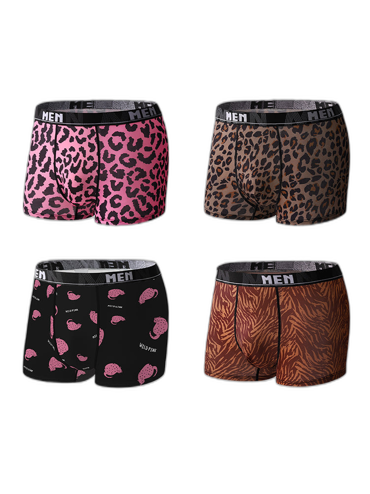 4-Pack Men's Leopard Print Mid-Rise Breathable Trunks