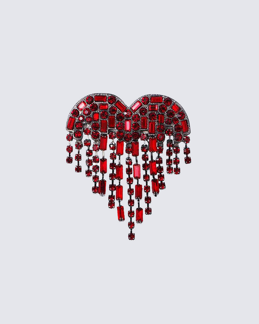 Red Crystal Heart Fringe Brooch