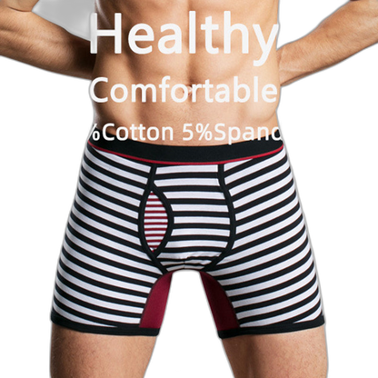 Men's Fly Front with Pouch Striped Cotton Boxer Briefs