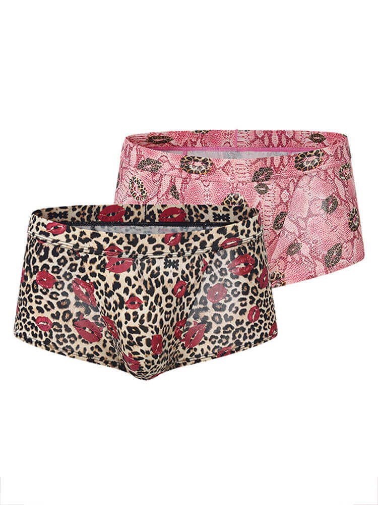 Men's Red Lip Open-Back Leopard Print Boxer Briefs