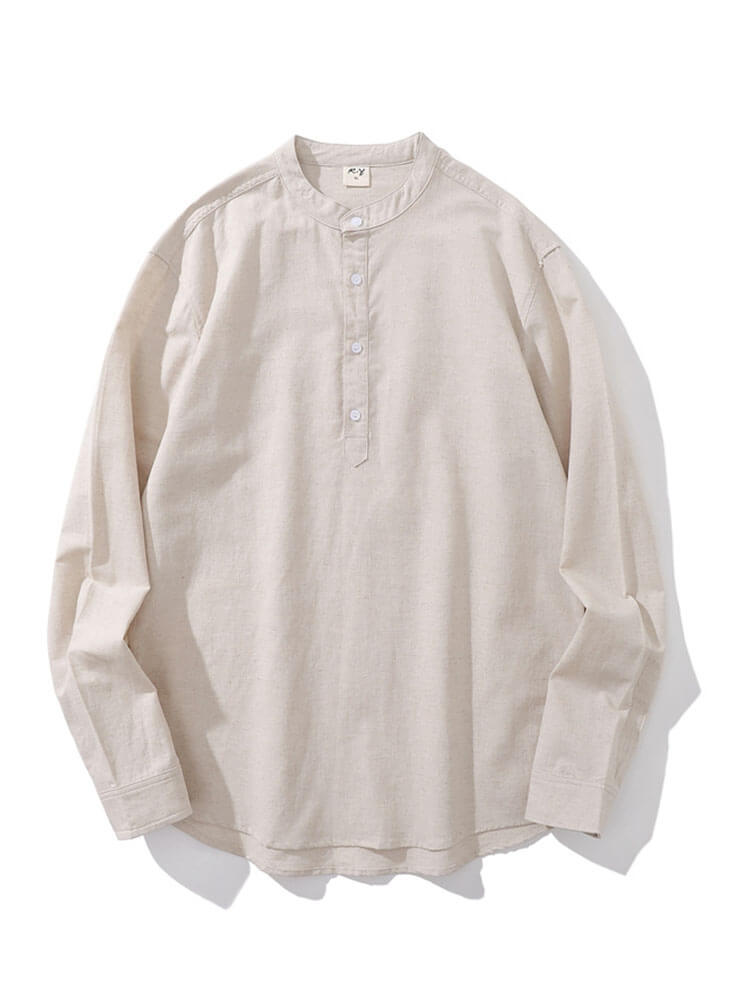 Men's Crew Neck Cotton-Linen Long-Sleeve Shirt
