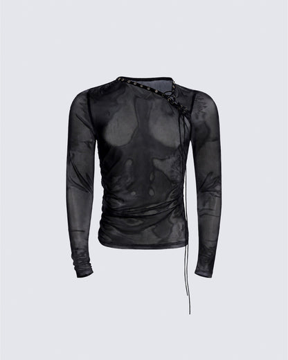 Subculture Gothic Lace-Up Sheer Mesh Long Sleeve Top New