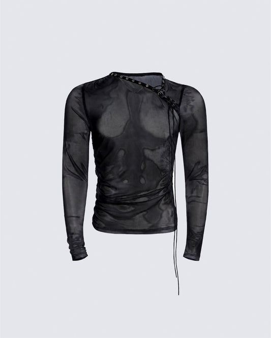 Subculture Gothic Lace-Up Sheer Mesh Long Sleeve Top New