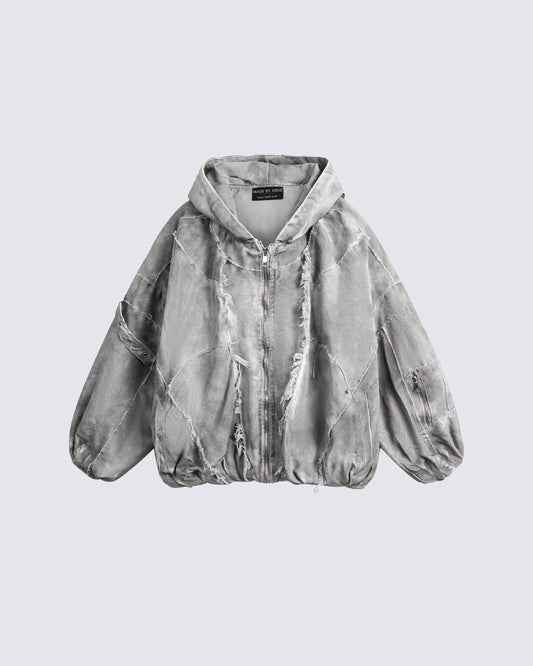 Distressed Patchwork Washed Zip Jacket
