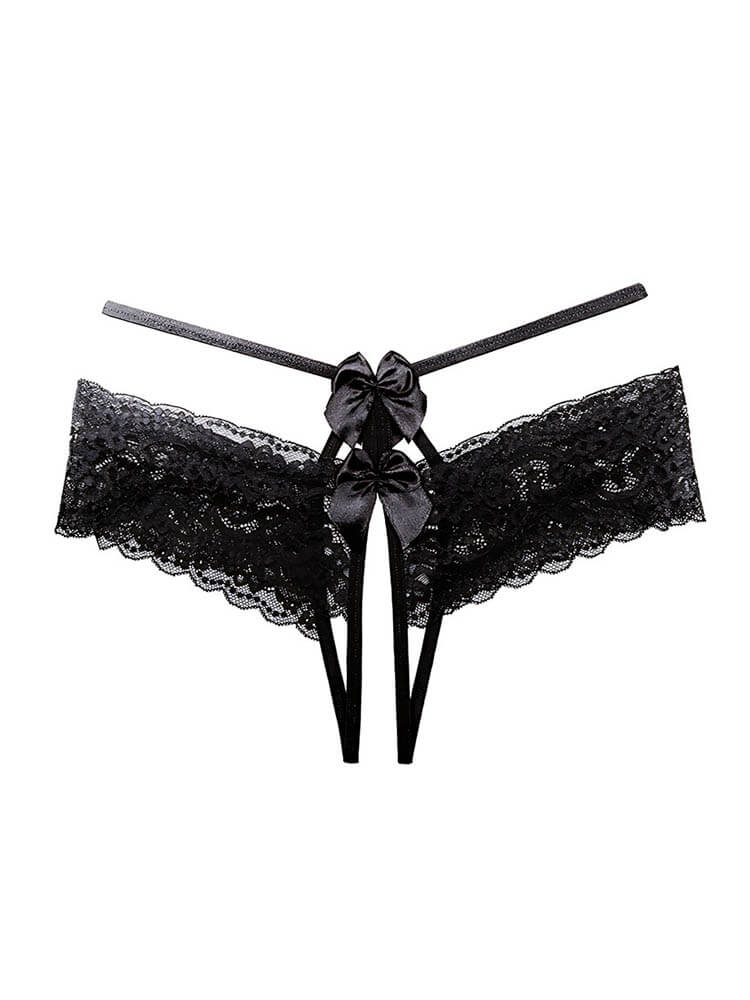 Sexy No-Remove Bow Lace Open Crotch Thong