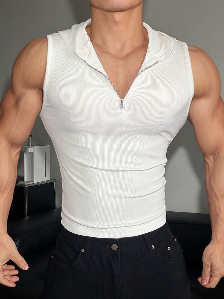 Men's Slim Fit Hooded Zippered Ribbed Vest