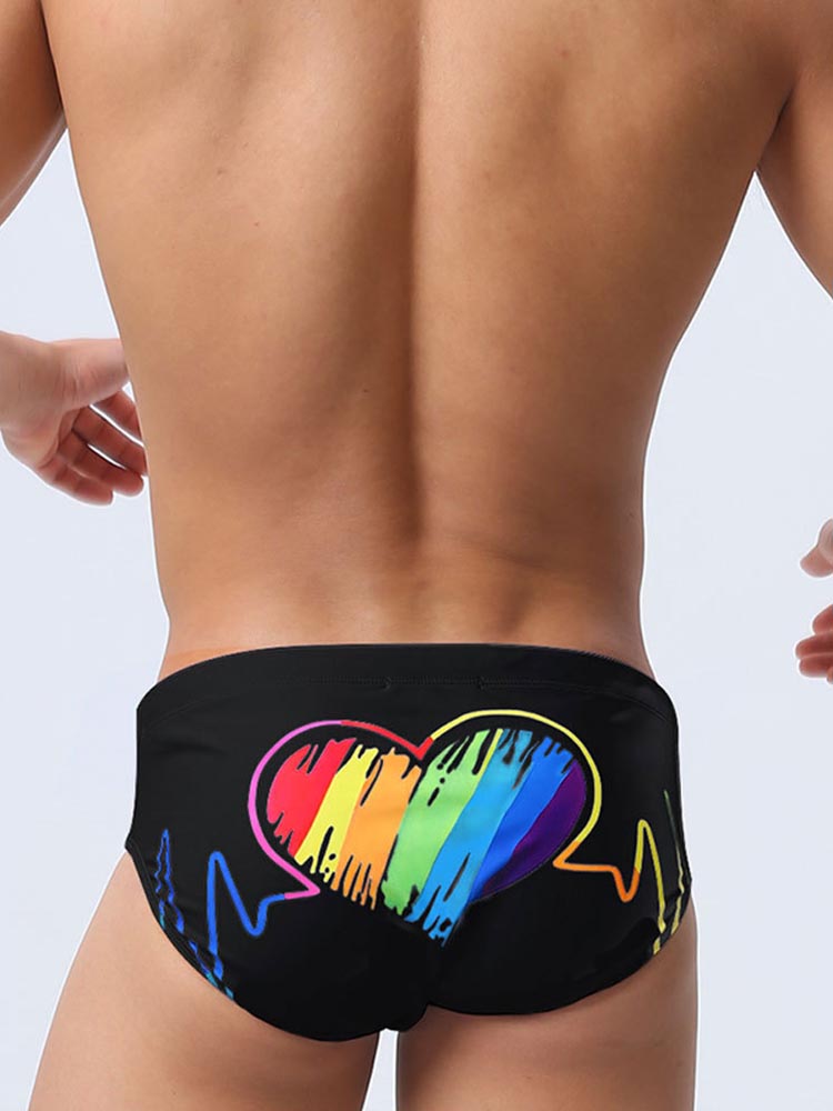 Men's Rainbow Paint Heart Print Swim Briefs