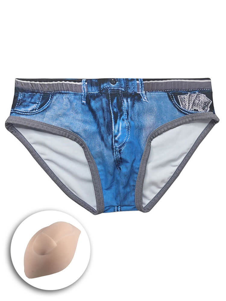 Men's Sexy Faux-Denim Print Quick-Dry Swim Briefs
