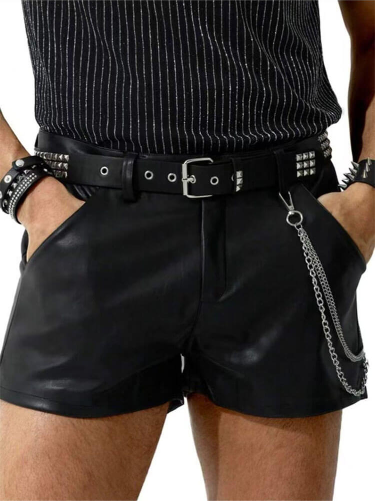 Men's Solid Color PU Leather Tight Shorts