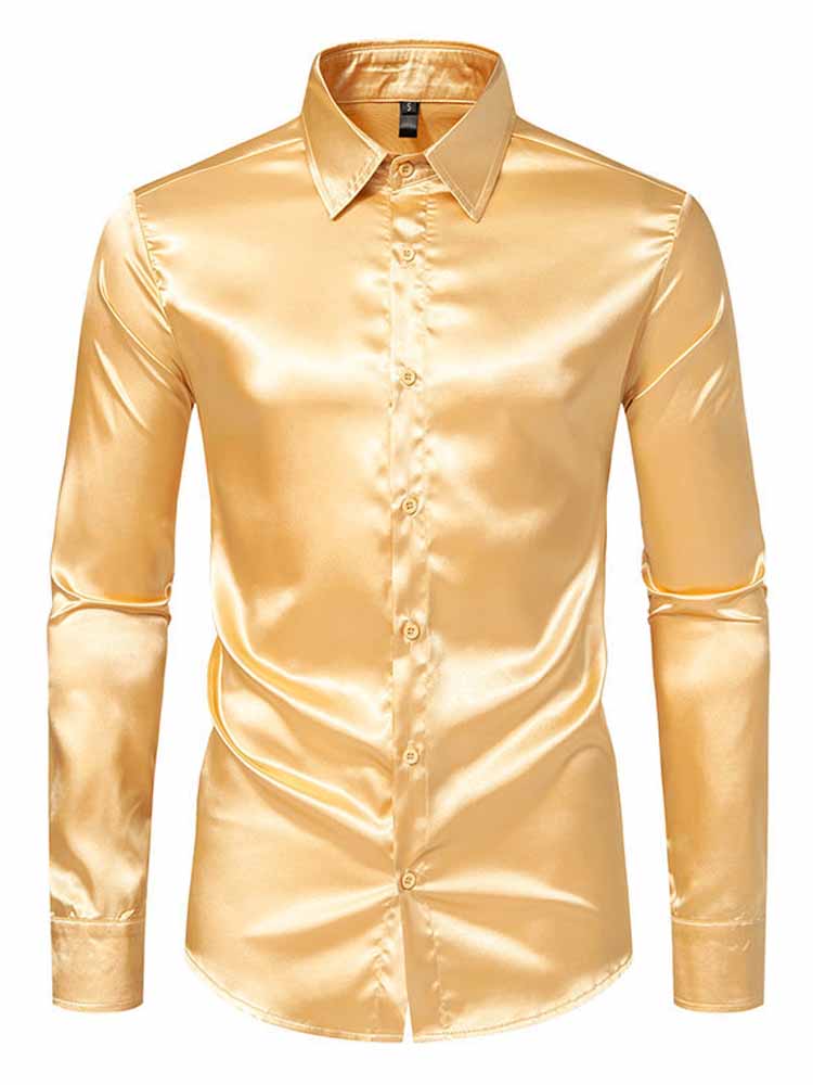 Men's Lapel Satin Long Sleeve Shirt