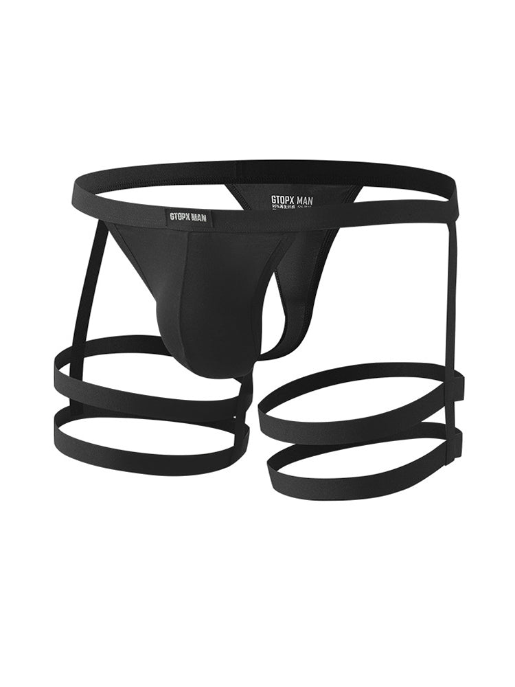2 Pack Men's Low-Rise Sexy Thong with U-Pouch and Fixed Thigh Straps