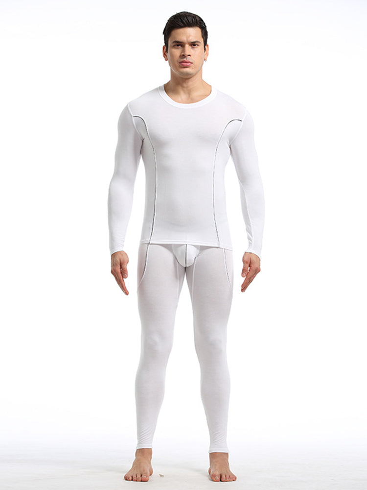 Men's Round Neck Solid Color Bamboo Fiber Thermal Underwear Set