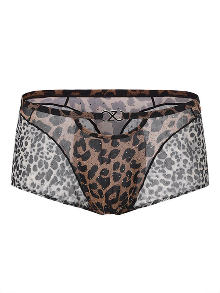  Men's Sexy Animal Print Rhinestone Mesh Boxer Briefs