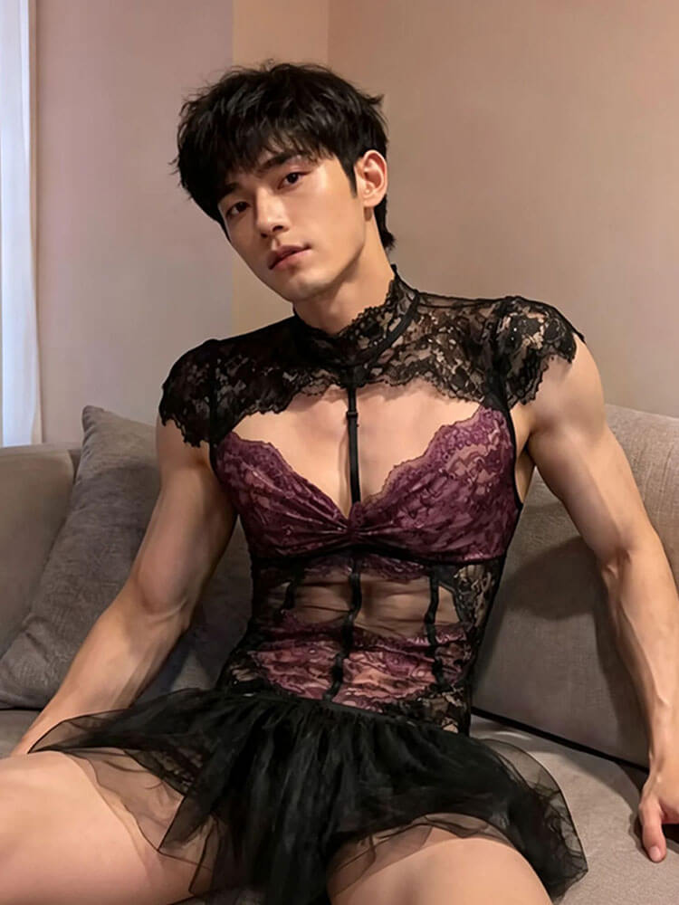 Men's Sexy Purple Sheer Lace Cut-Out Bodysuit
