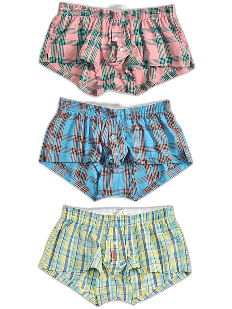 3 Pack Men’s Plaid Cotton Trunks with Button Fly