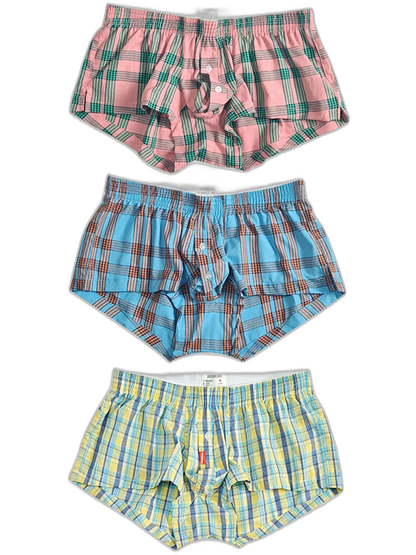 3 Pack Men’s Plaid Cotton Trunks with Button Fly