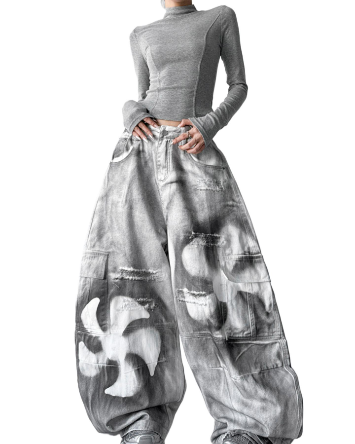 Painted Fan Design Denim Pants