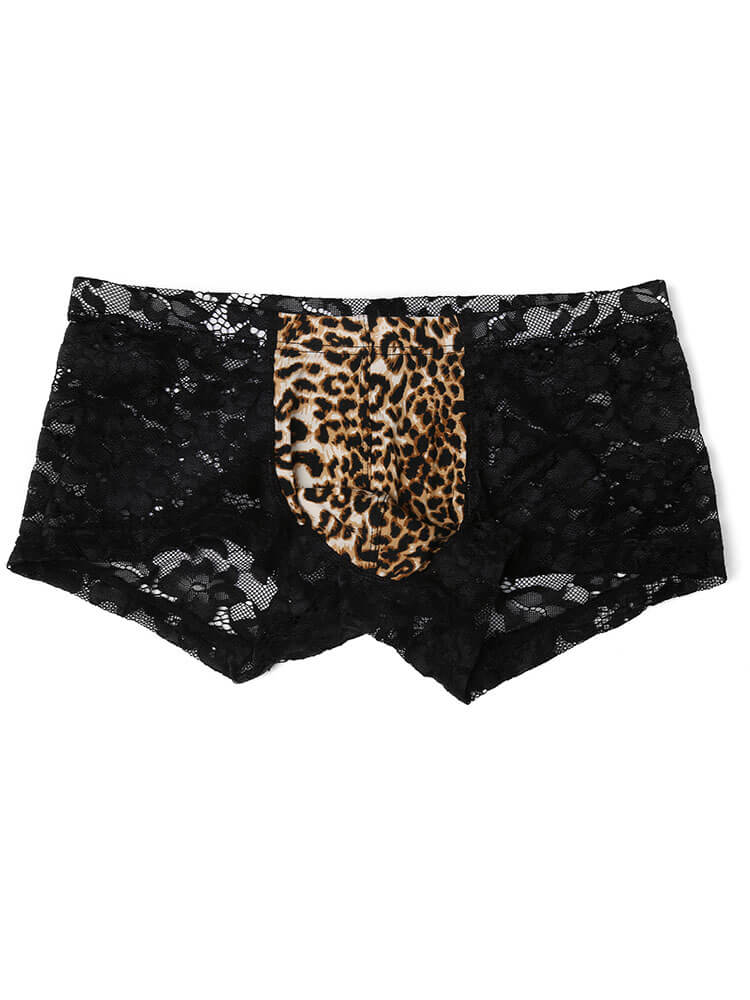 Men's Sexy Lace Leopard Print Hollow Boxer Briefs