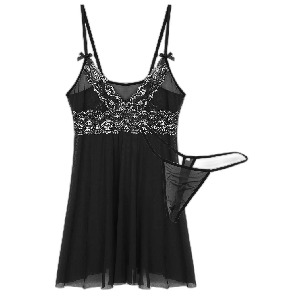 Mesh Floral Lace Sissy Mini Nightgown Set
