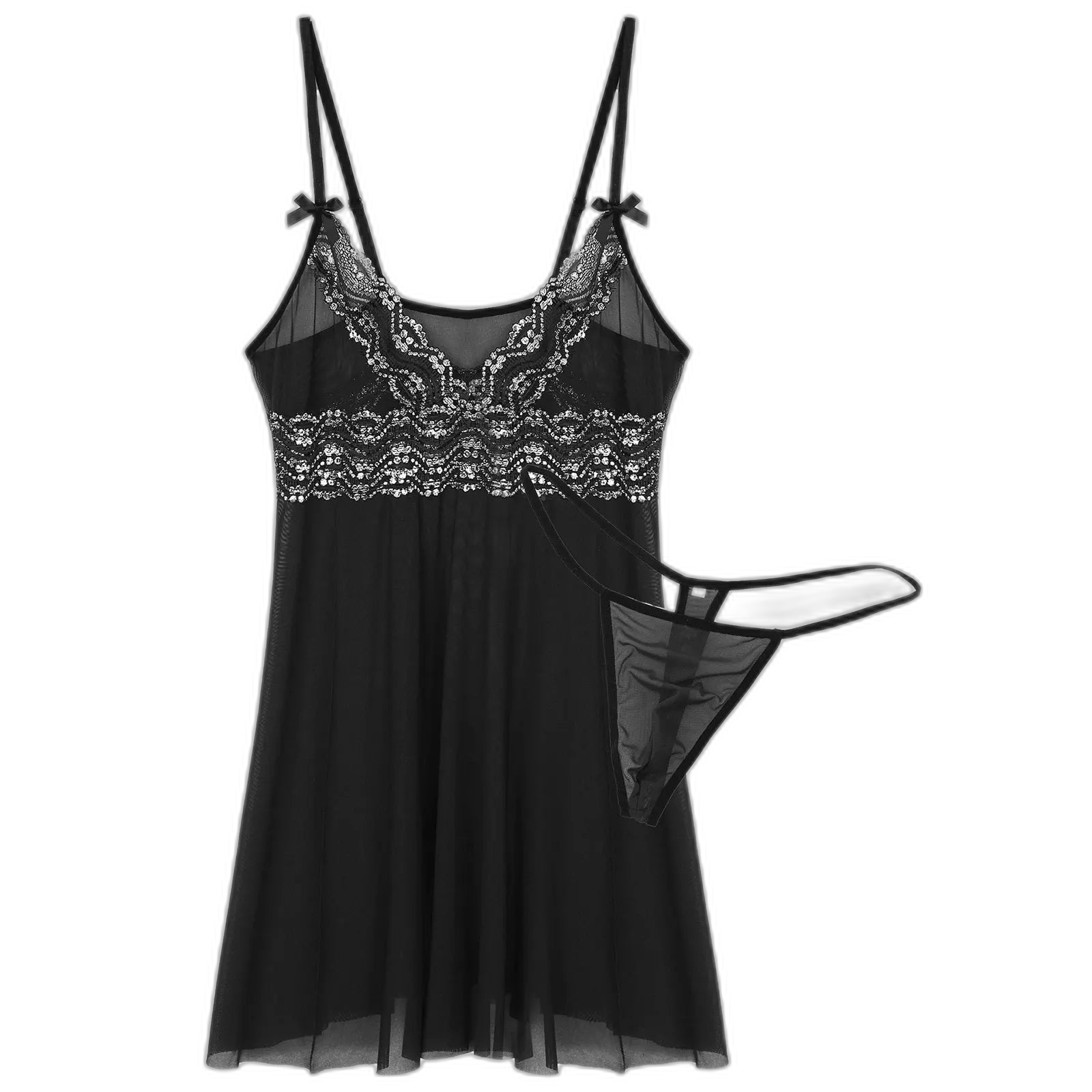 Mesh Floral Lace Sissy Mini Nightgown Set