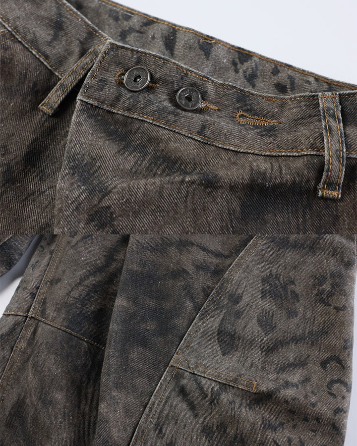 Leopard Double Animal-Texture Washed Wide-Leg Jeans