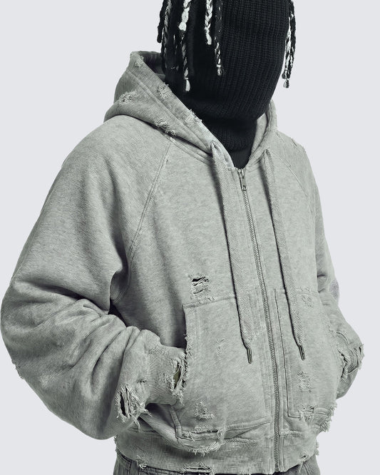 LOW SATURATION-Distressed Cropped Zip-Up Hoodie