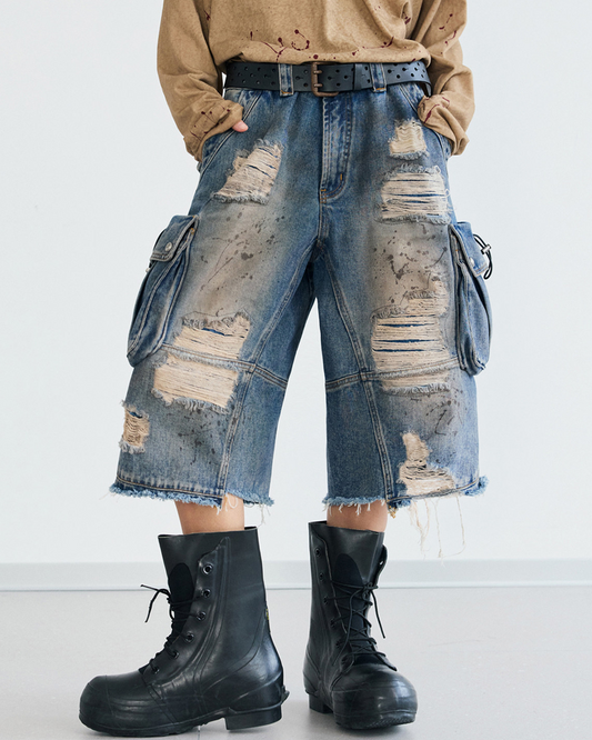 Distressed Cargo Denim Shorts
