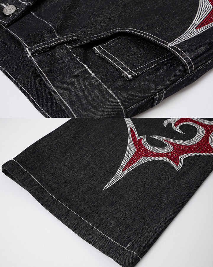 New Rhinestone Flame Denim Jeans