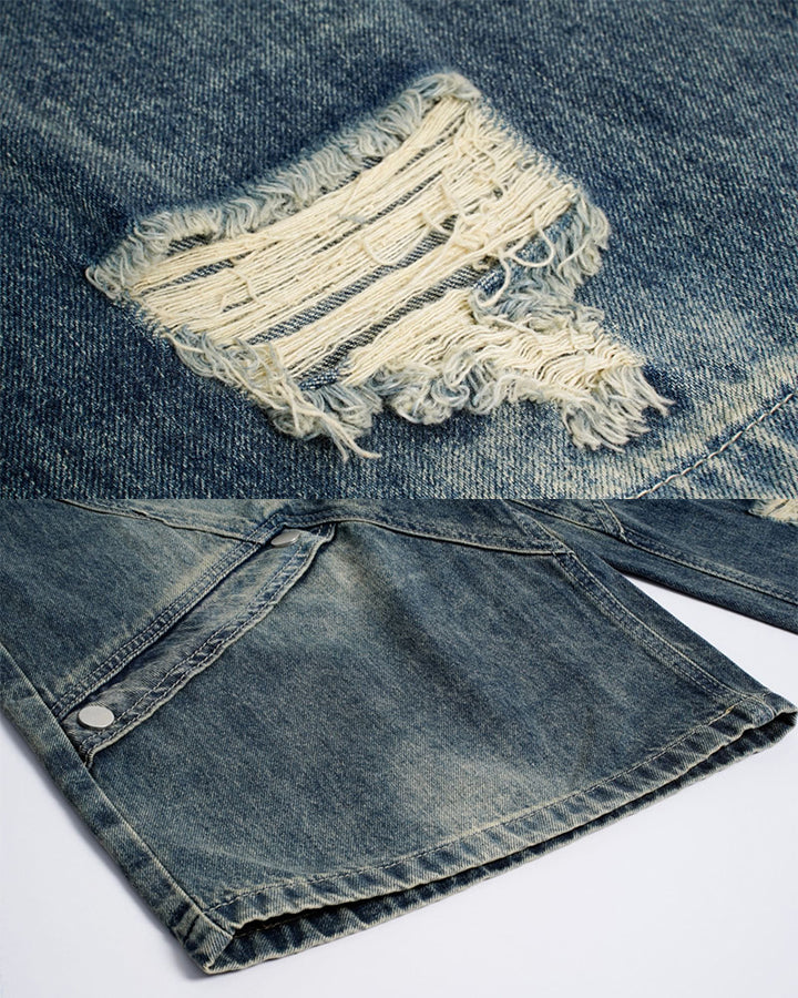 Grunge Drawstring Panel Distressed Wide Denim Shorts