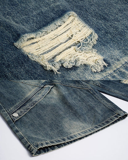Grunge Drawstring Panel Distressed Wide Denim Shorts