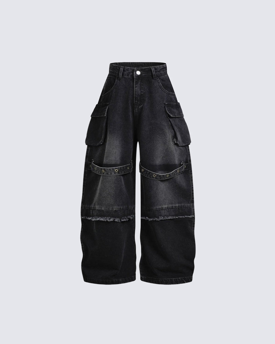 KIIKIO Utility Strappy Cargo Wide Denim Pants