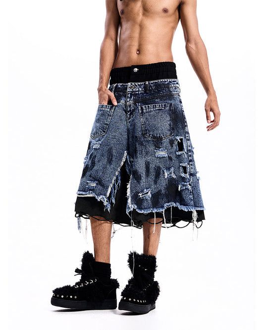 New Dirty-Washed Distressed Men’s Denim Mid Shorts