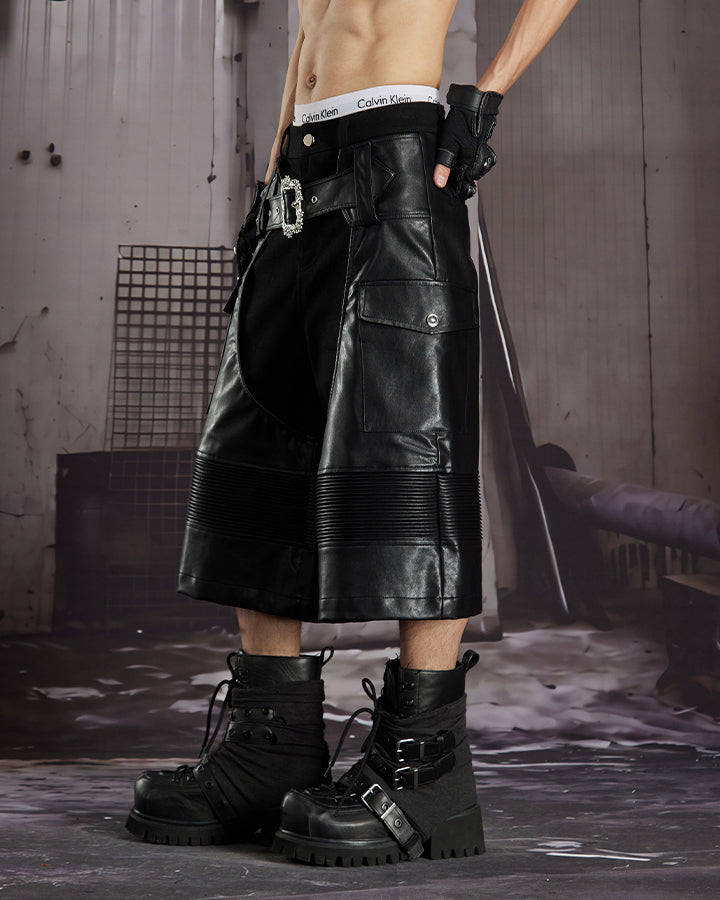 Gothic Deconstructed Patchwork Heavy PU Cargo Shorts